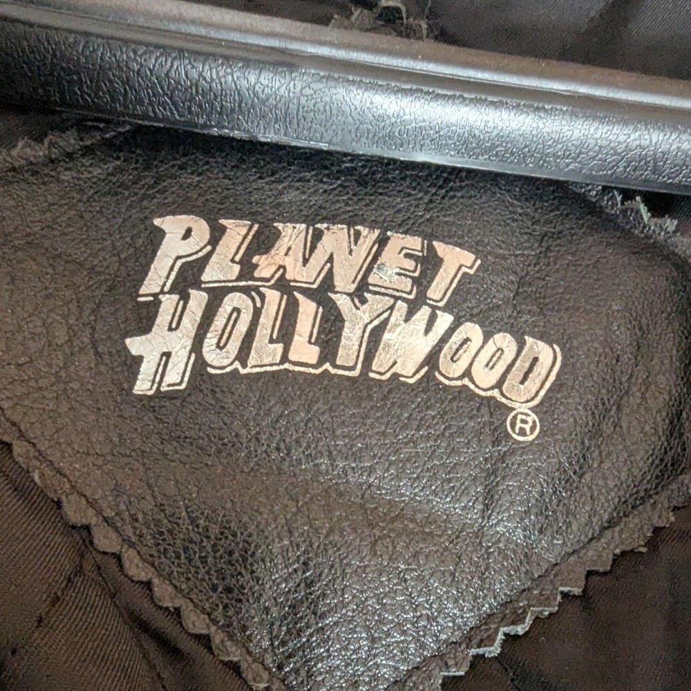 Vtg 90s Planet Hollywood Bomber Jacket Black Leather South Coast California 2XL - Picture 10 of 11